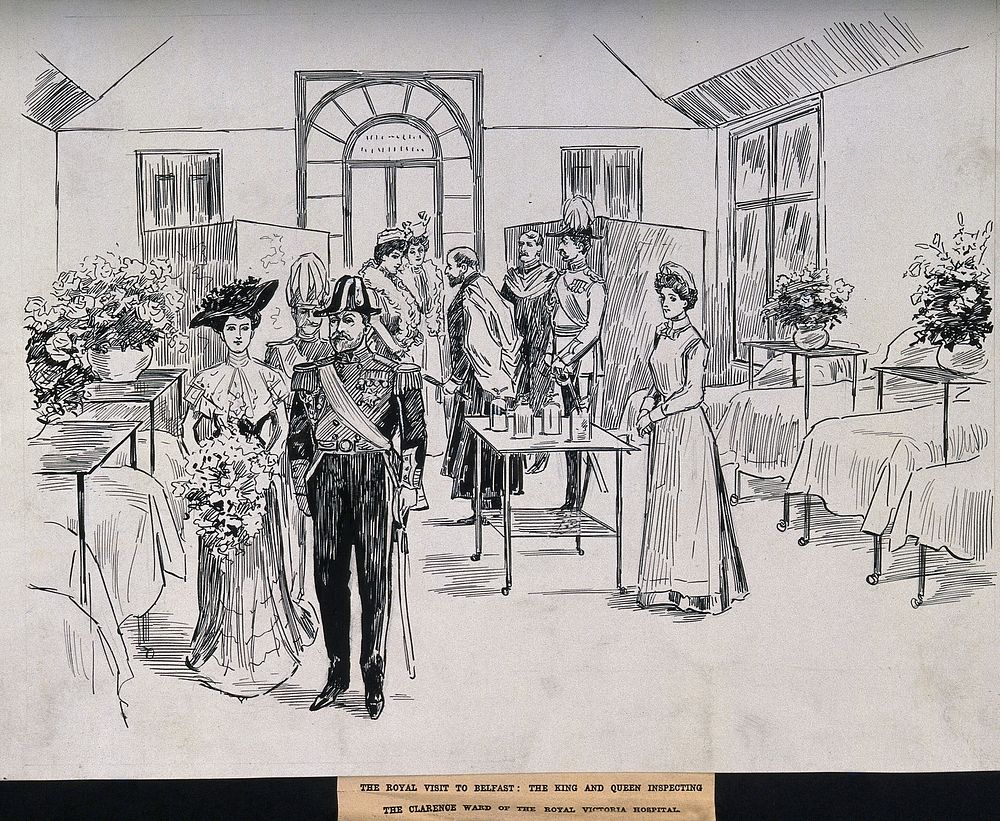 Royal Victoria Hospital, Belfast: a visit by the King and Queen to the Clarence ward. Pen and ink drawing, 1903.