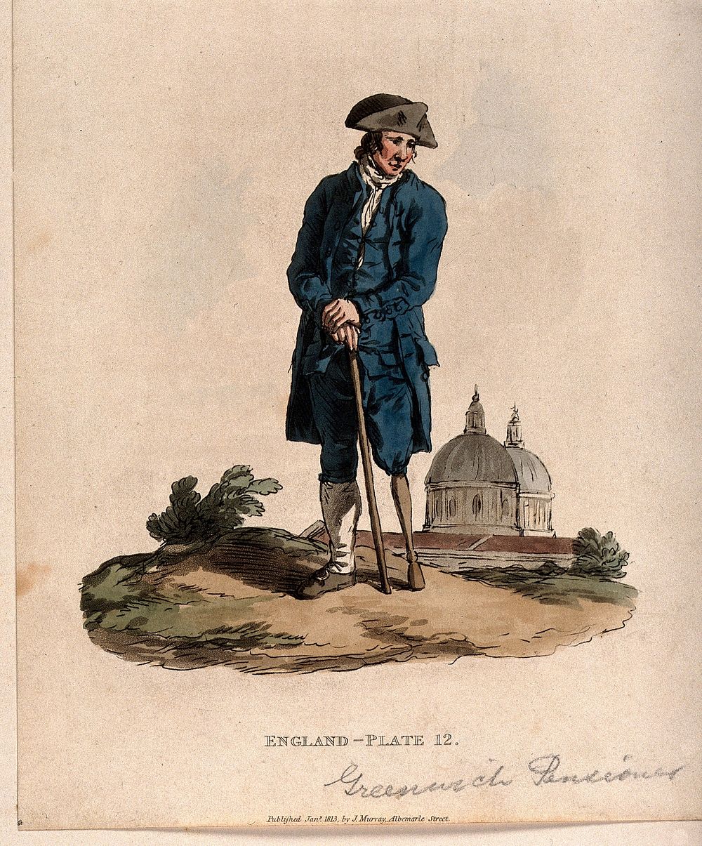 A Greenwich Pensioner with a wooden leg, standing in a landscape, the domes of Greenwich Hospital behind. Coloured aquatint…