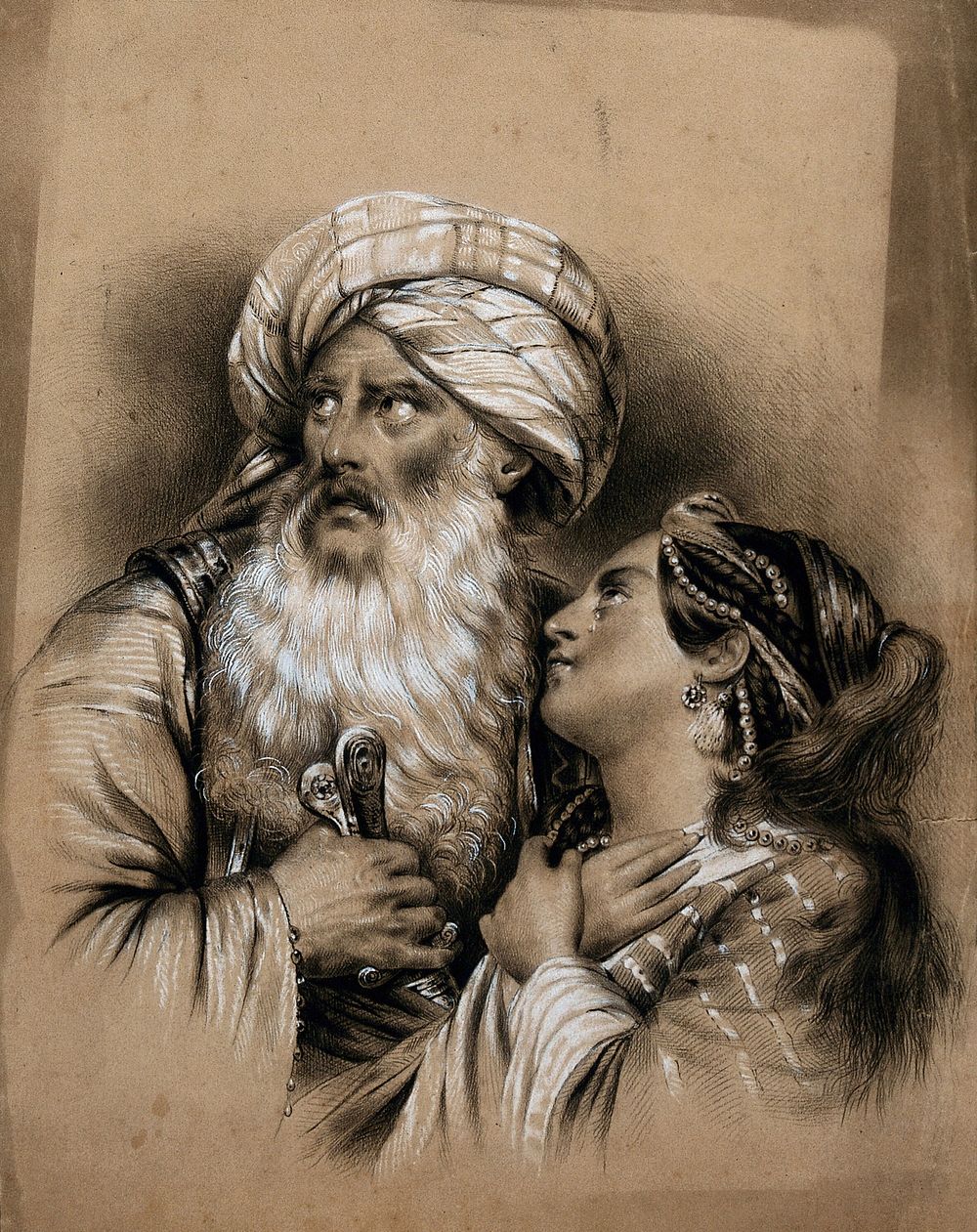 A young tearful woman looking up imploringly at a turbaned man who anxiously looks away. Black chalk drawing.