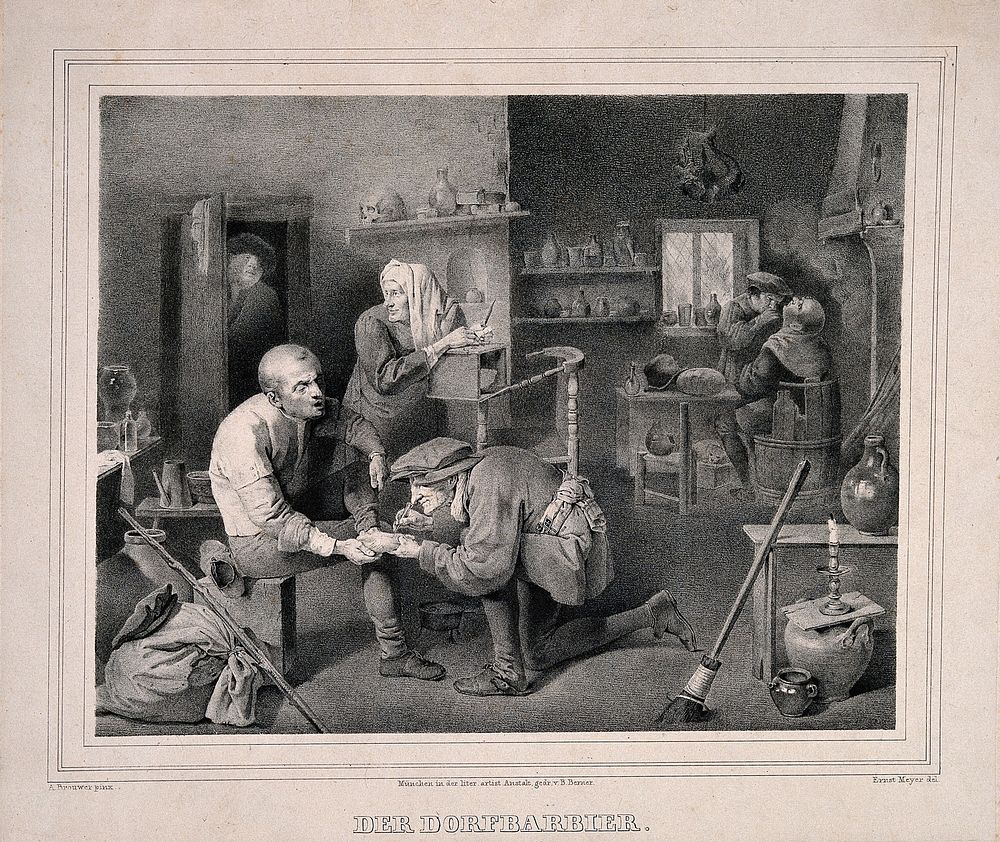 A surgeon treating a patient's foot, in the background another surgeon is examining a patient in a surgery. Lithograph by E.…