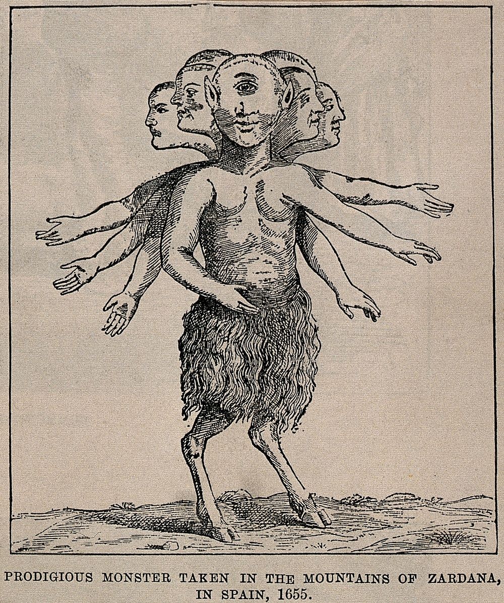 A fantastic monster: a cyclops with multiple heads and arms and the legs of a goat, said to be found in Spain in 1655.…