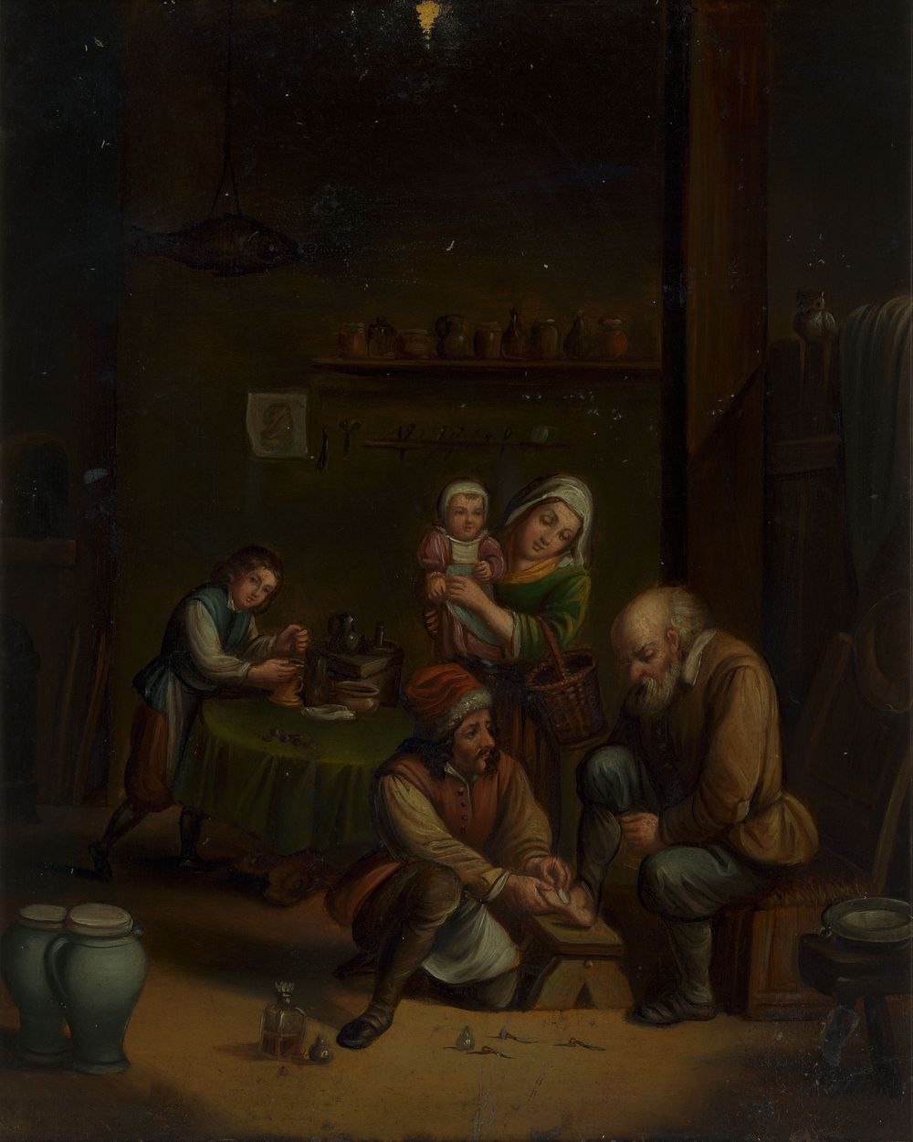 Interior with a surgeon attending to a man's foot, and three other figures. Oil painting by a German  follower of David…