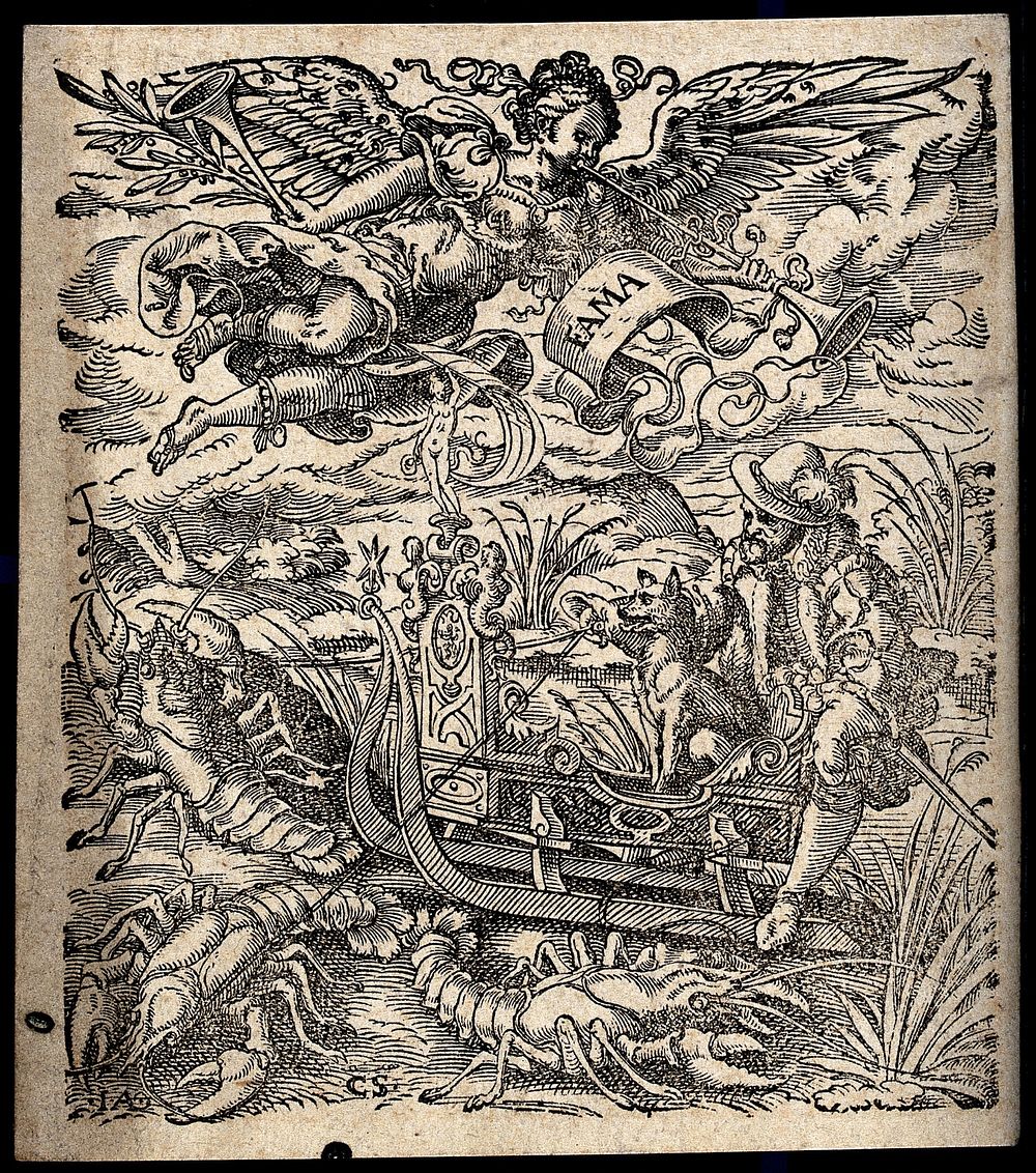 Fame blows her trumpet: below, a man and his dog ride on a sleigh drawn by giant lobsters or crayfish. Woodcut by J. Amman…