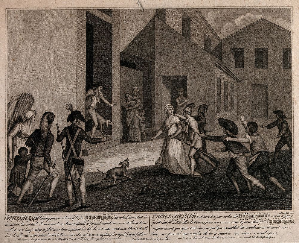 Cecilia Renaud is apprehended by soldiers after being suspected of intending to assassinate Robespierre. Stipple engraving…