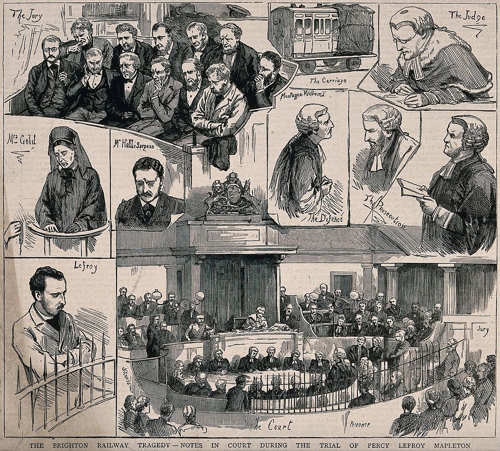 Scenes in the trial of Percy Lefroy Mapleton at Maidstone Assizes for murder of Isaac Gold on the London-Brighton railway.…