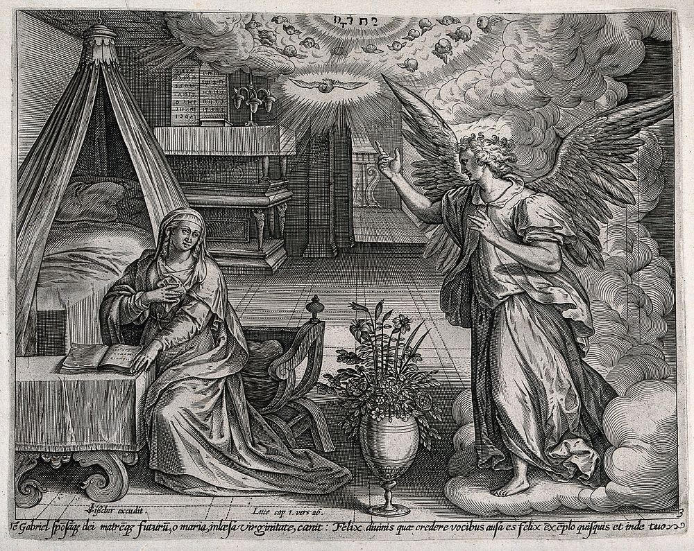 The Annunciation to the Virgin in her room. Engraving by C.J. Visscher .
