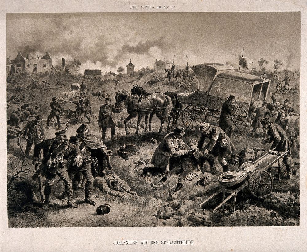 A gloomy battlefield scene with the wounded being tended to and carried away. Lithograph, c.1870.