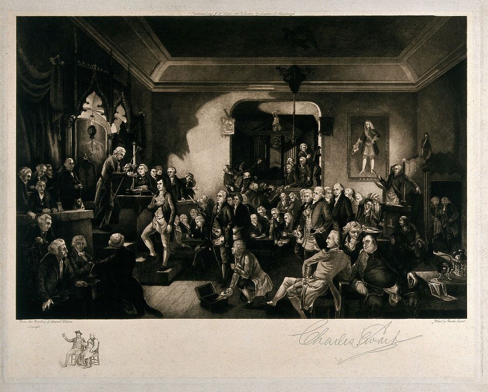Meeting of the Freemason's lodge in which the members perform elaborate secret rituals. Etching by C. Ewart after S. Watson.