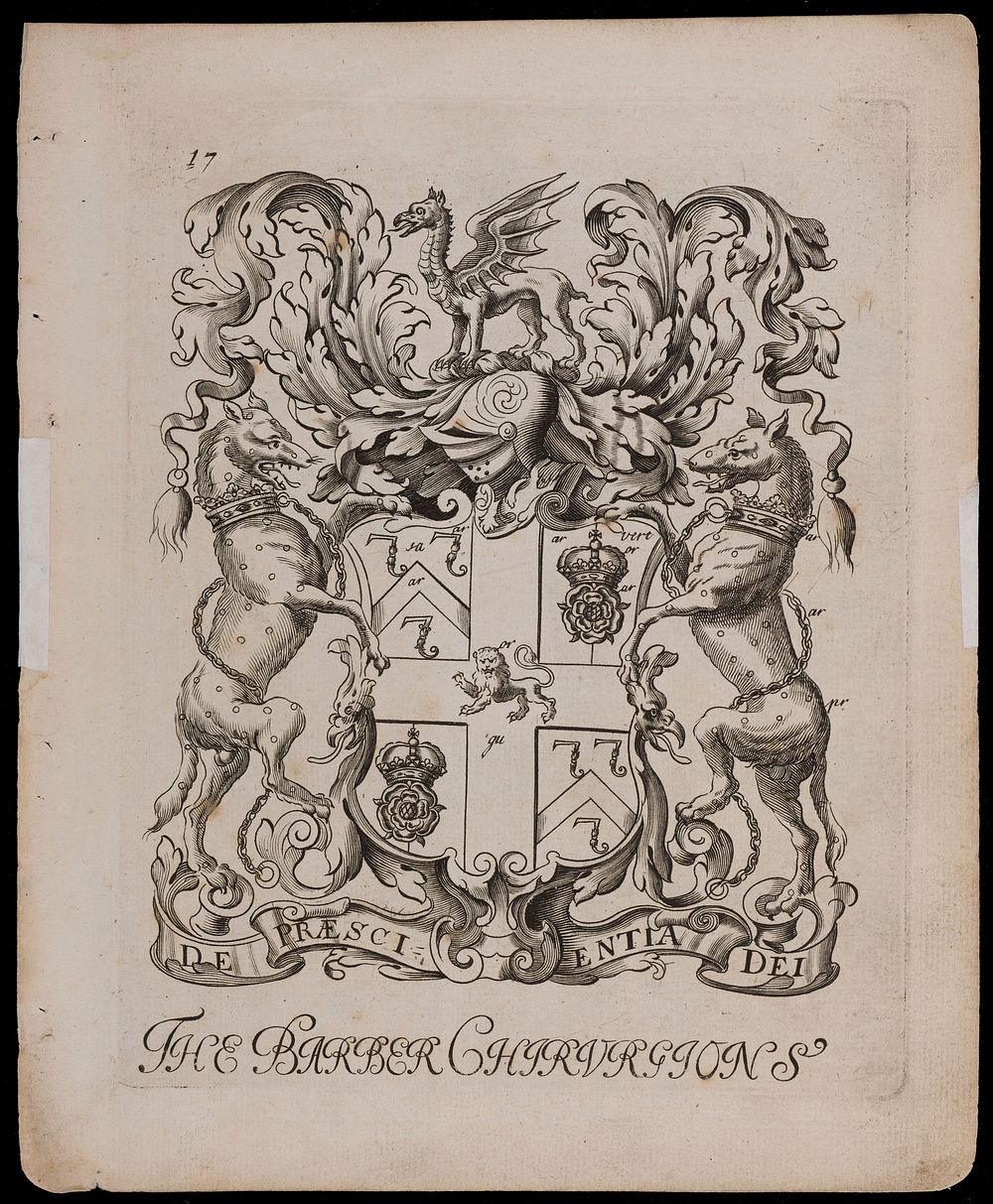 Arms of the London Barber Surgeons' Company. Engraving attributed to W. Vaughan, 1677.