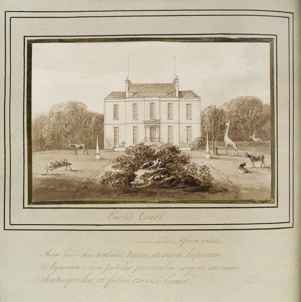 Earls Court House, with animals from John Hunter's menagerie. Watercolour attributed to J. Foot, ca. 1822.