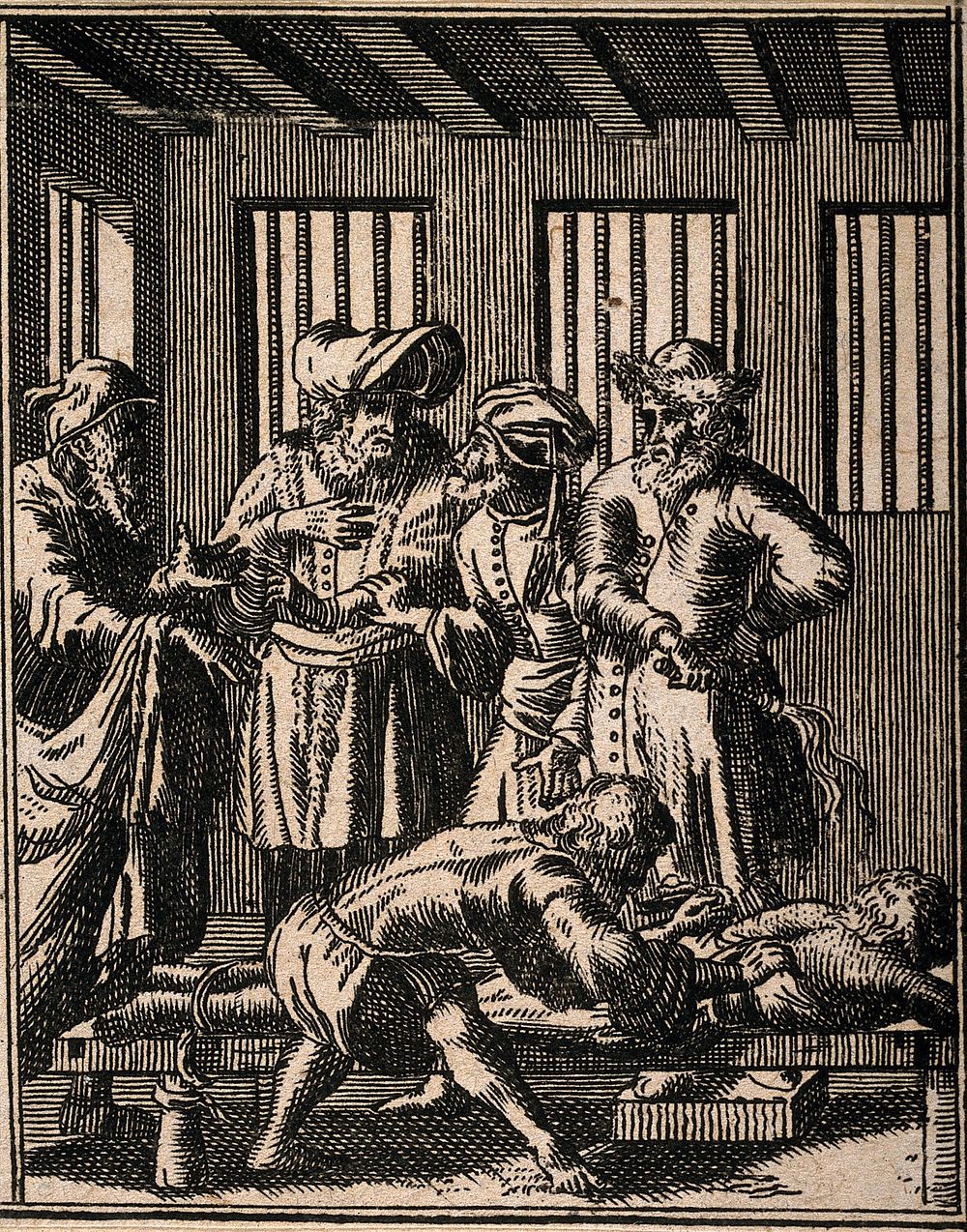 A surgeon treating the back of a man who has been punished by whipping, four men stand over them in a prison cell  Etching…
