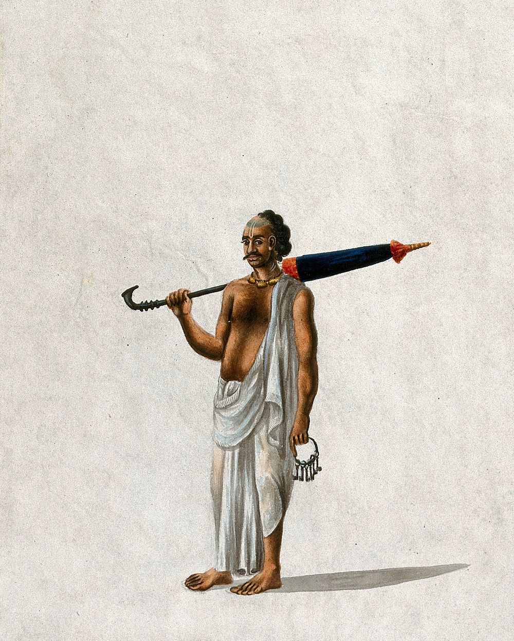 A head bearer, holding an umbrella and a bunch of keys. Gouache painting by an Indian artist.