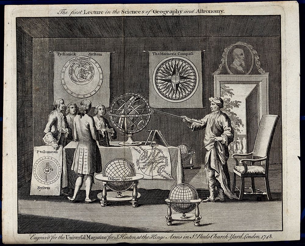 Astronomy: a savant in his study, instructing a group of gentlemen. Engraving, 1748.