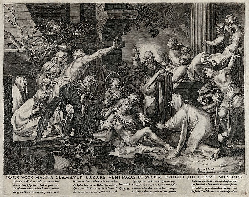 The raising of Lazarus. Engraving after A. Bloemaert.