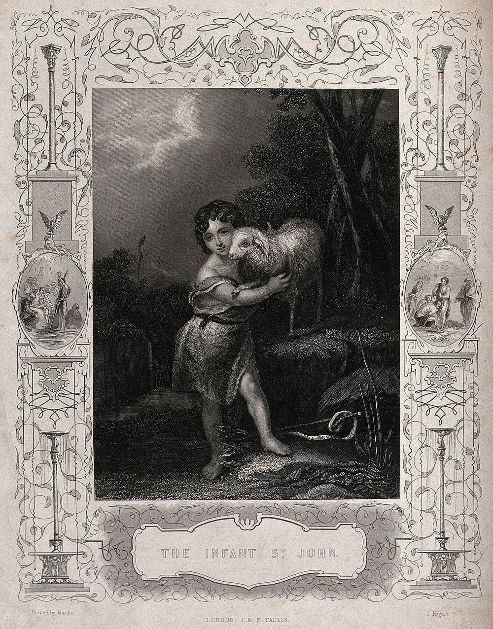 Saint John the Baptist as a child holding a lamb; scenes from his life and grottesche in the border. Engraving by J. Rogers…