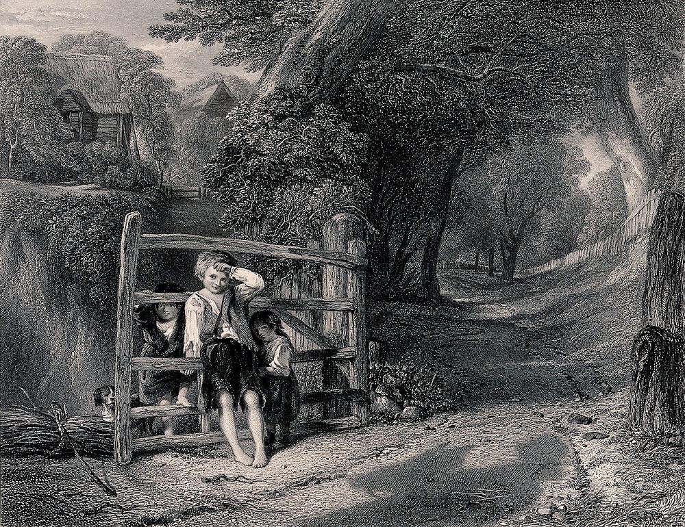 Three young children are leaning on a five-bar gate on a wooded road with a cottage nearby. Engraving by C. Cousen after W.…