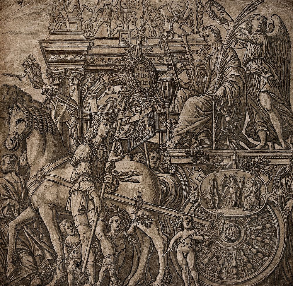 The processional entry of a victorious general into ancient Rome. Chiaroscuro woodcut by Andrea Andreani after Andrea…