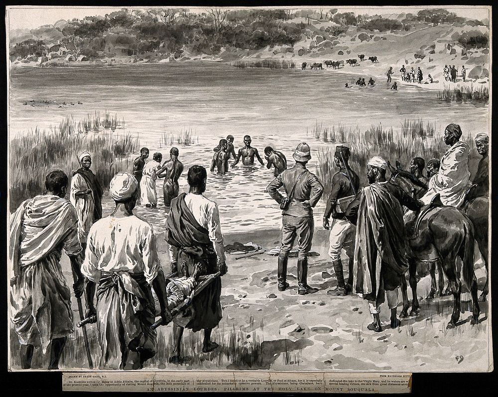 Holy Lake, Mount Zouquala, Abyssinia: pilgrims being lead to the lake in hope of a miracle. Watercolour drawing by F. Dadd…