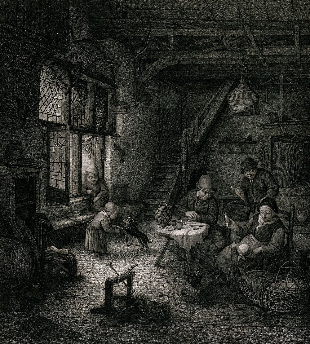 A family in a hovel with a woman tending a child, the men looking on and a child playing with a dog. Engraving.