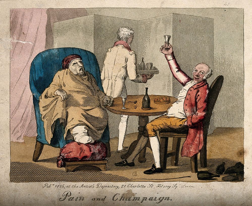 A gouty man at table with a bon viveur drinking champagne (a pun on "pain"). Coloured etching by T.L. Busby, 1826.