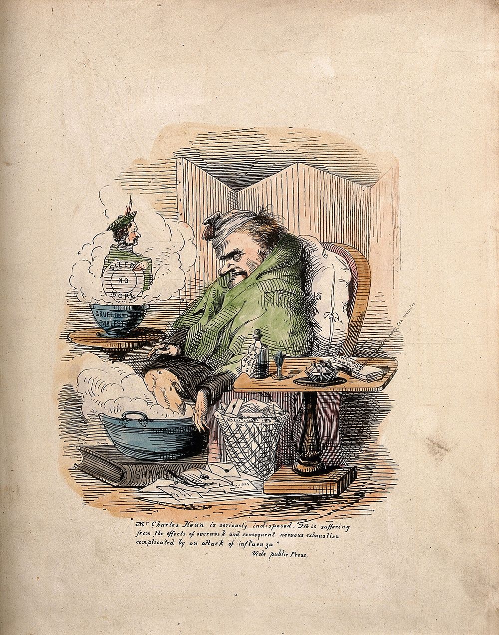 Charles Kean, ill with flu. Coloured etching.
