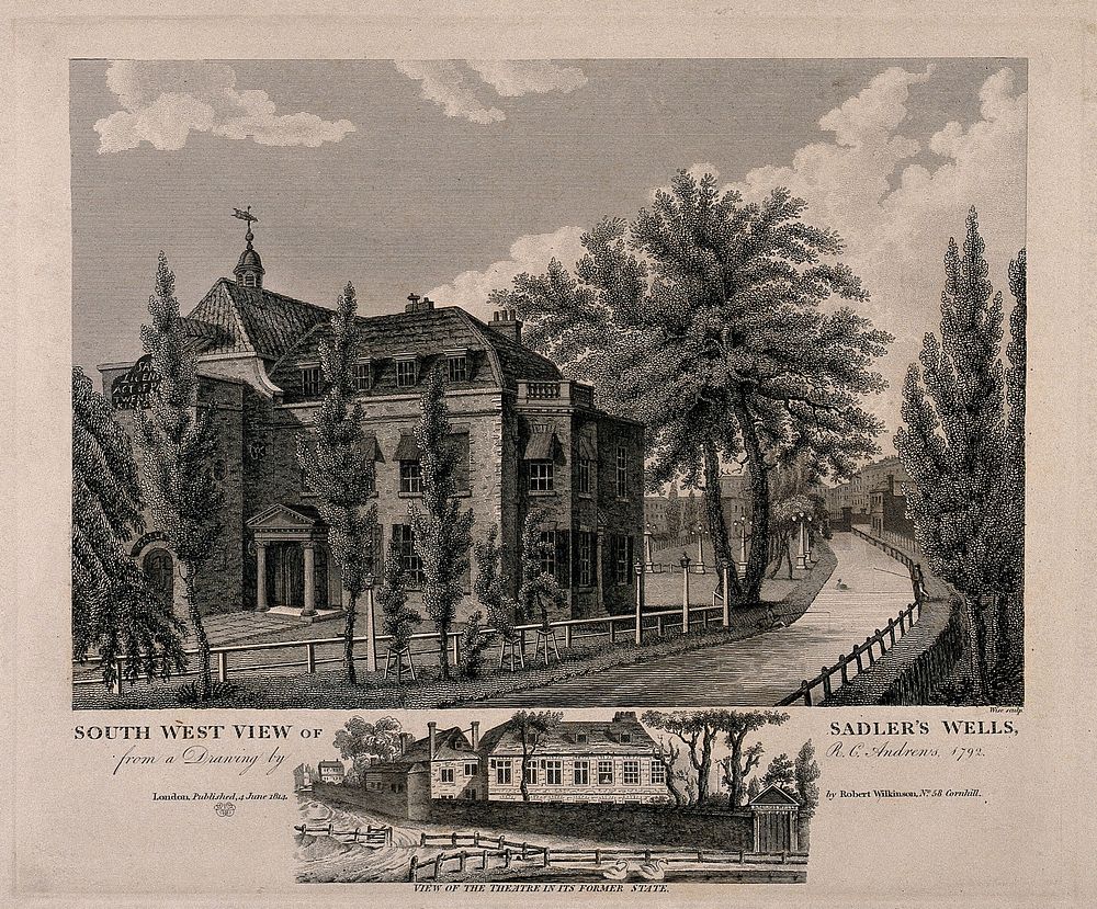 Sadler's Wells Theatre, with the New River running beside, a smaller view, below, of the older building. Engraving by W.…