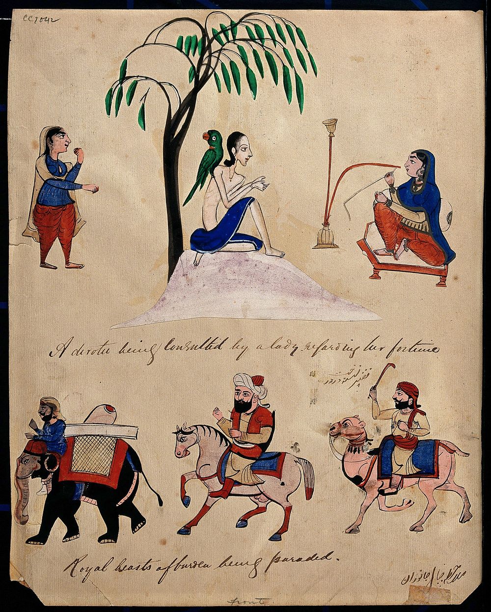A lady consults a devotee about her fortune in the top half of the painting while different beasts of burdens are being…