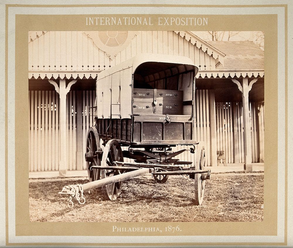 Philadelphia International Exposition, 1876: American Civil War medicine wagon produced by T. Morris Perot and Company.…