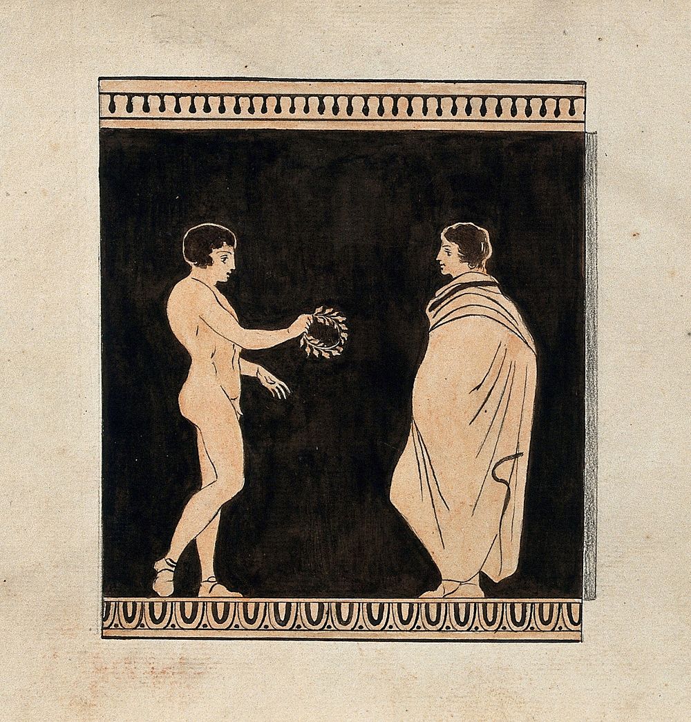 Detail of the decoration of a red-figured Greek vessel showing a naked youth offering a wreath of flowers to a draped man.…