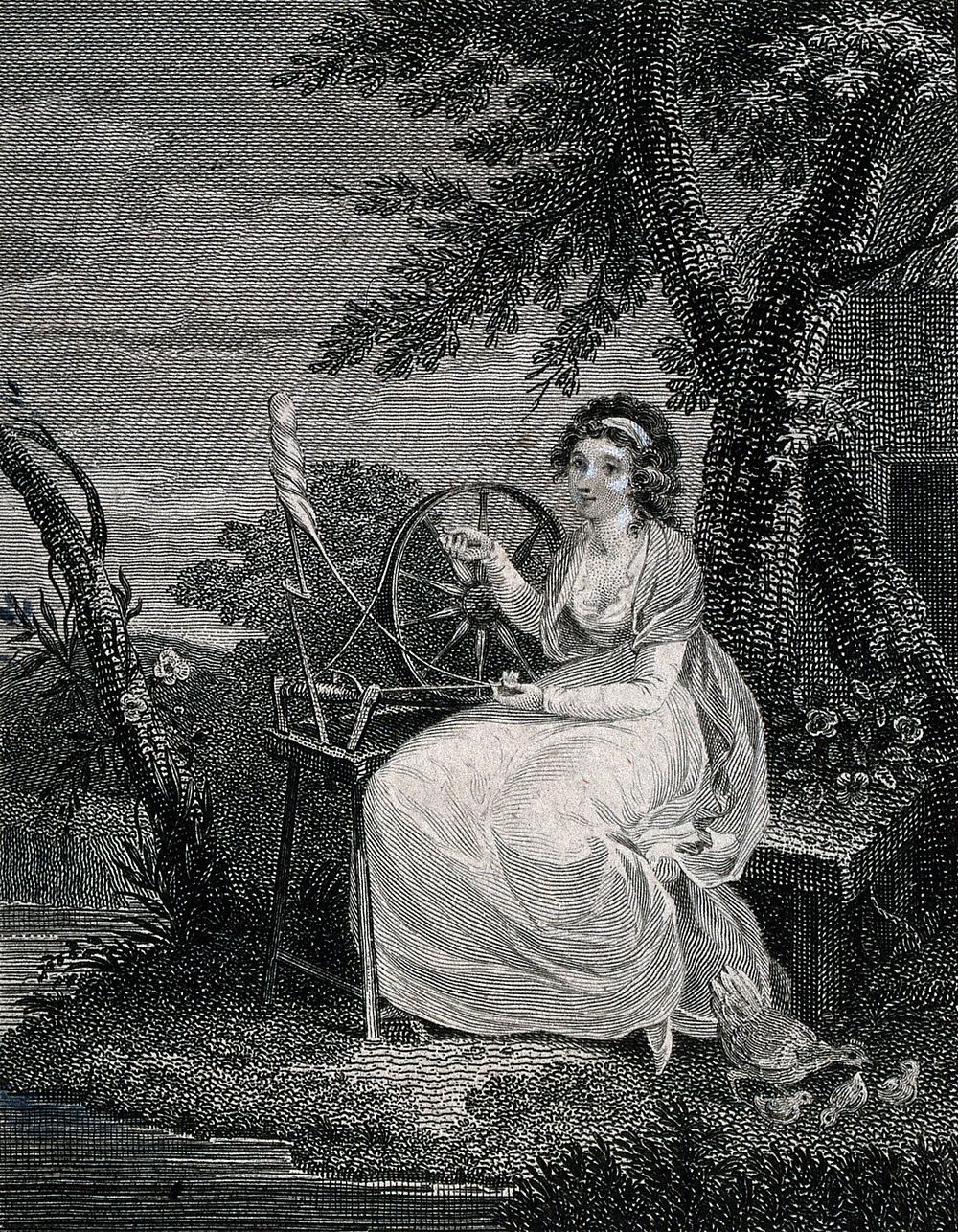 A young woman is using a spinning wheel under a tree with a spindle and shuttle. Engraving by Saunders after Woolley.