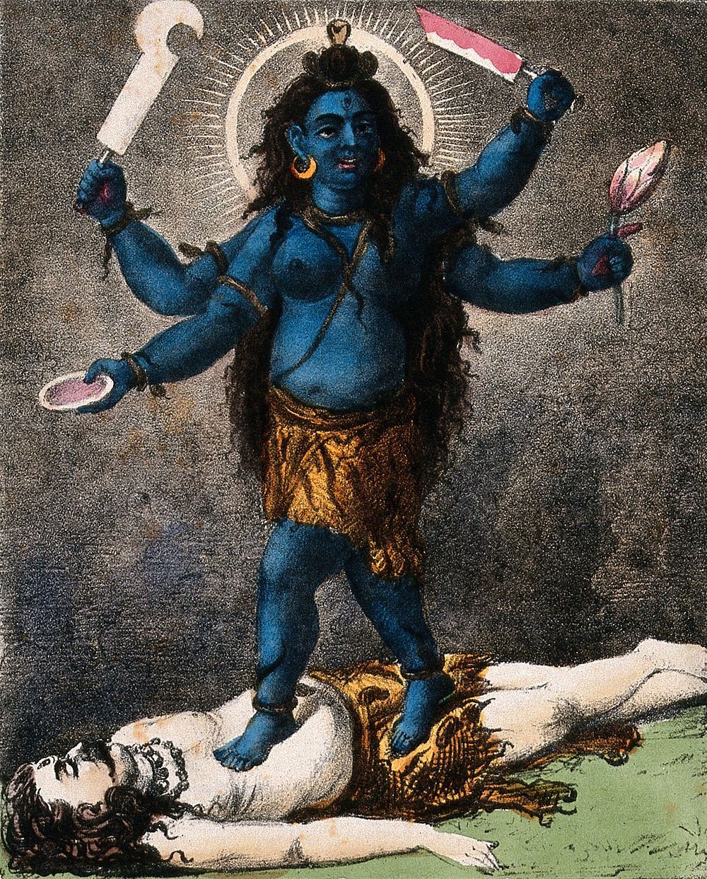 Taraka standing on a dead body. Coloured lithograph.