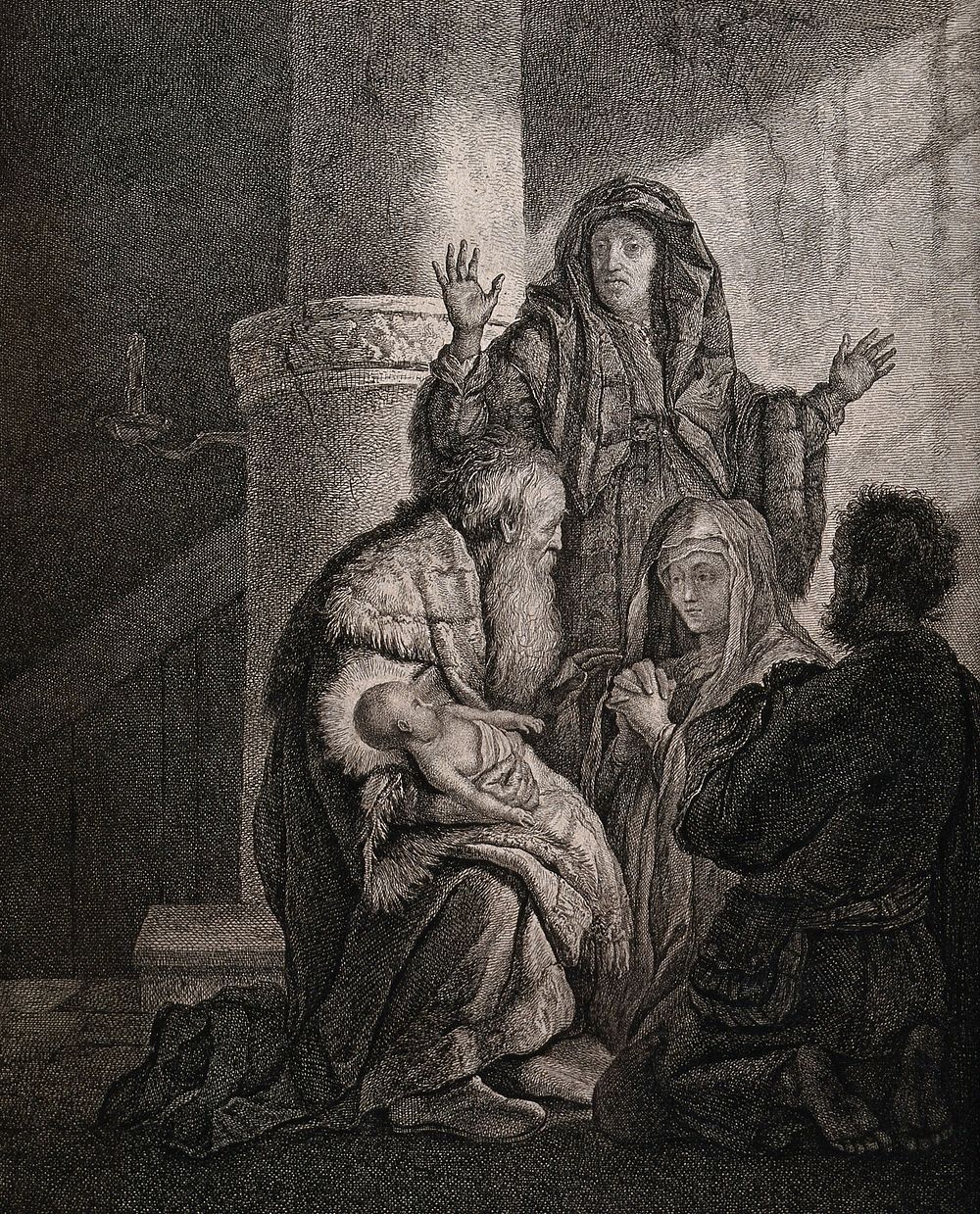 Simeon recognises the infant Jesus as saviour. Etching by C.W. Weisbrod after Rembrandt, 1627-8.