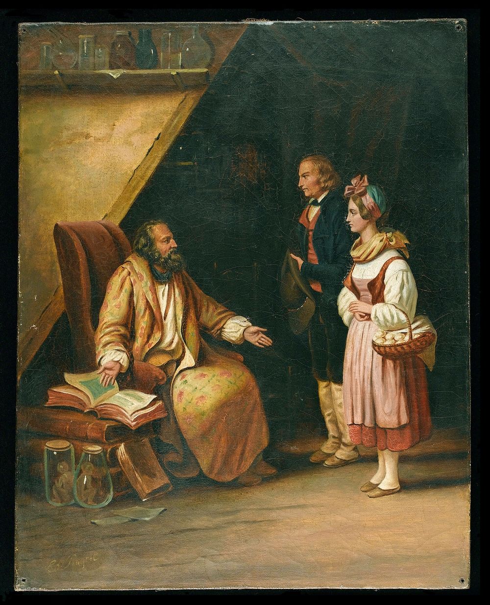 A young couple visit a savant who consults ancient volumes in order to provide counselling to them. Oil painting by Edouard…