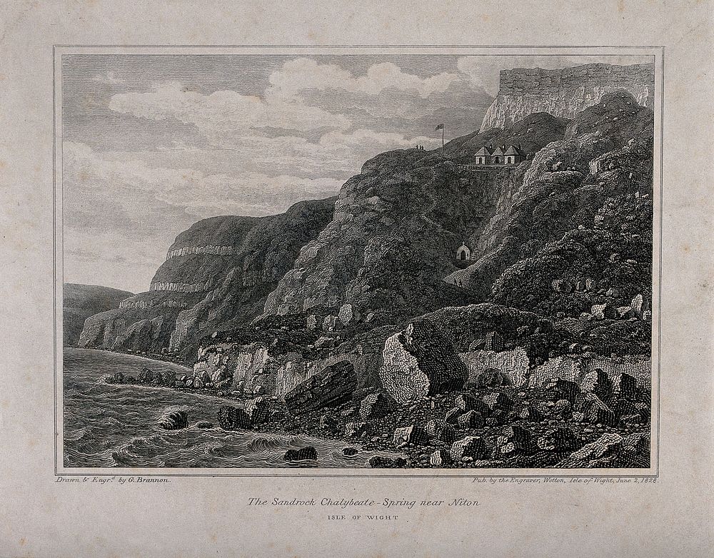 Sandrock Chalybeate - Spring, near Niton, Isle of Wight, England. Line engraving by G. Brannon, 1828, after himself.