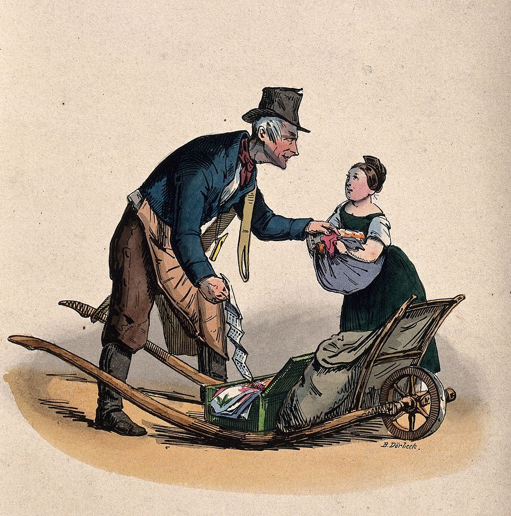 A man is attempting to take some things that a girl has wrapped up in her apron, he has a paper in his other hand and a sack…