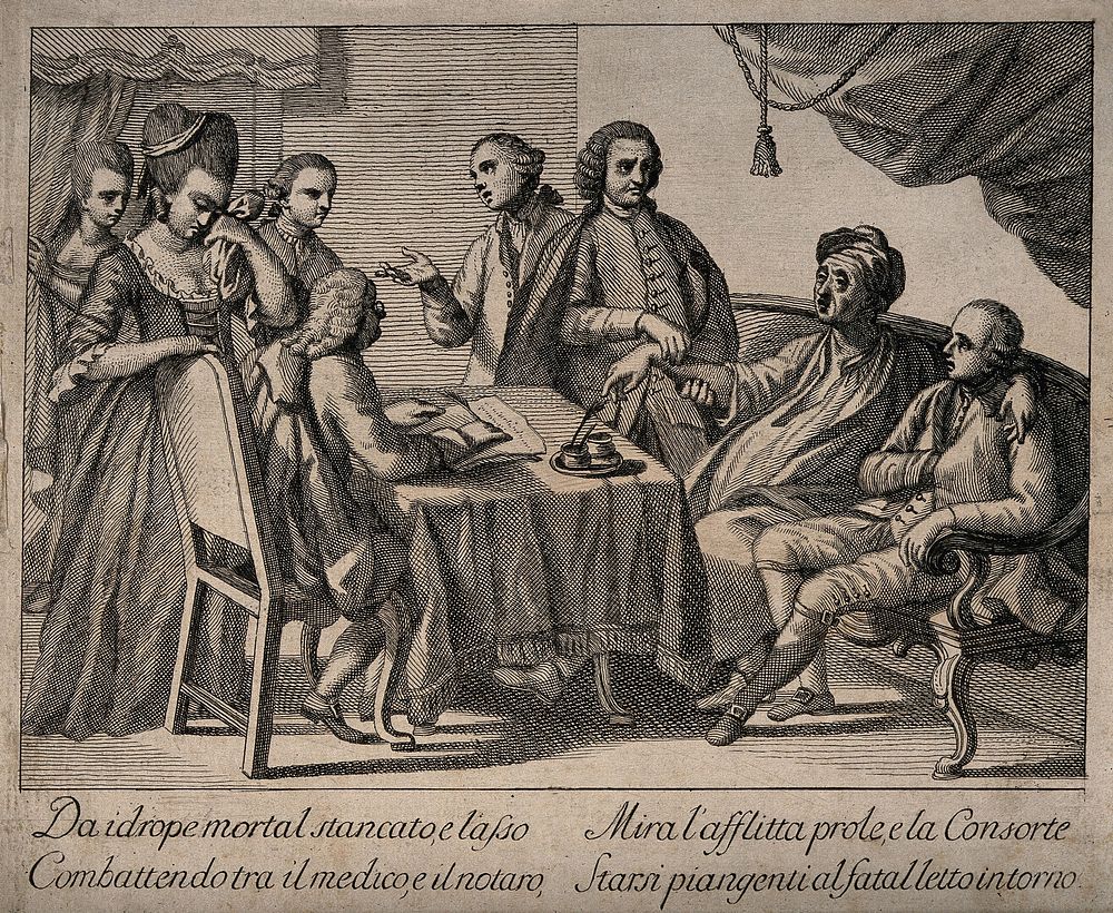 A man suffering from dropsy dictating his will while a physician takes his pulse, he is surrounded by his wife and friends.…