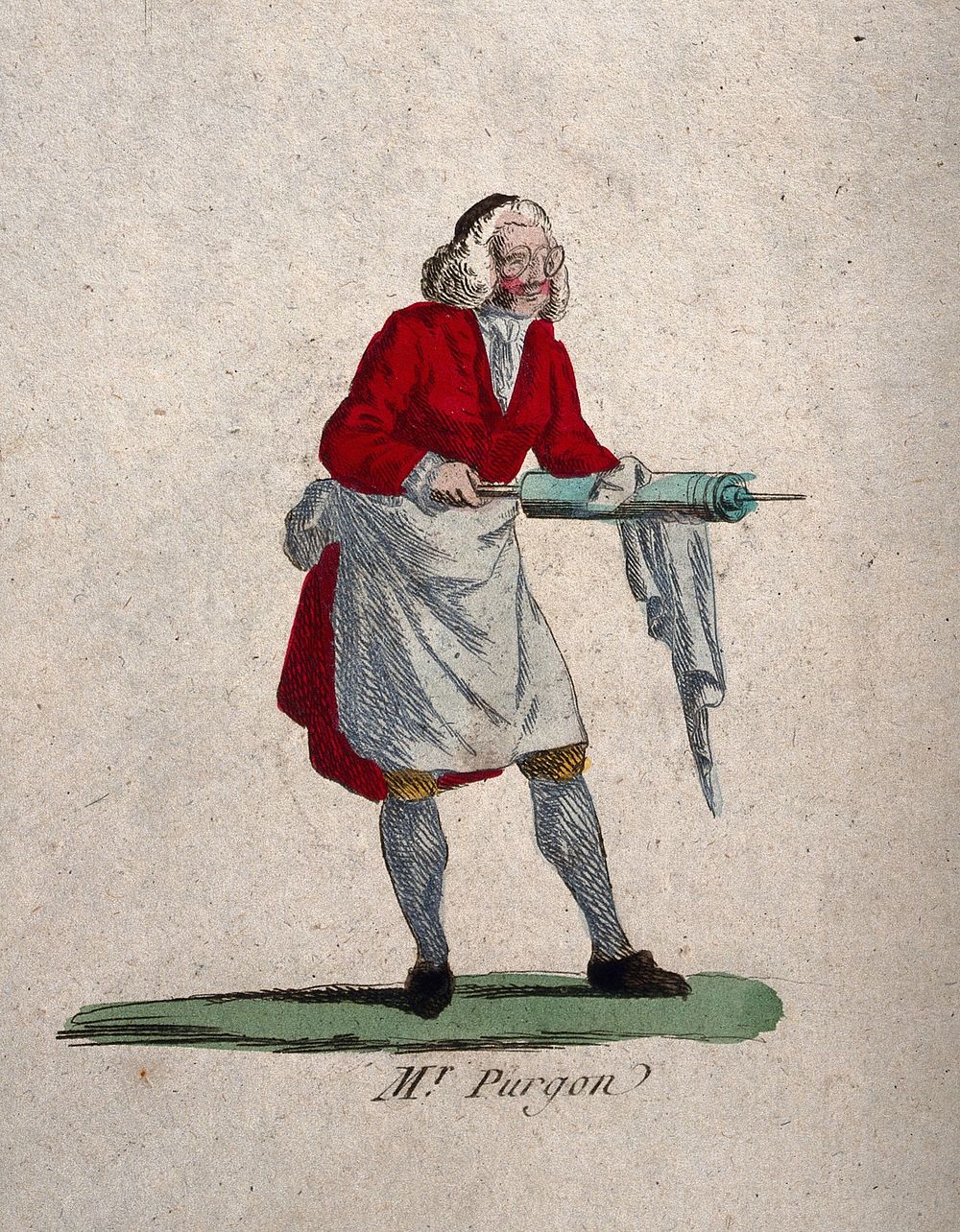 Doctor Purgon, a physician from Molière's play Le malade imaginaire. Coloured etching.