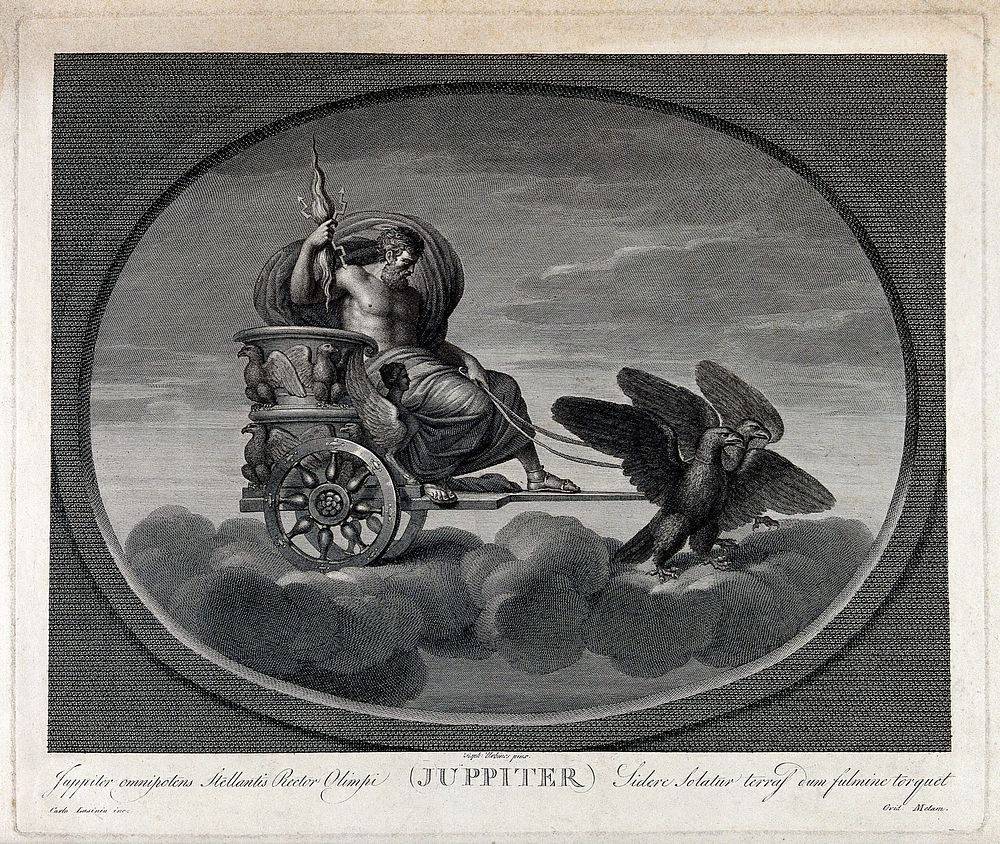 Astronomy: Jupiter in his chariot, drawn by a pair of eagles. Engraving by C. Lasinio after Raphael, 1516.