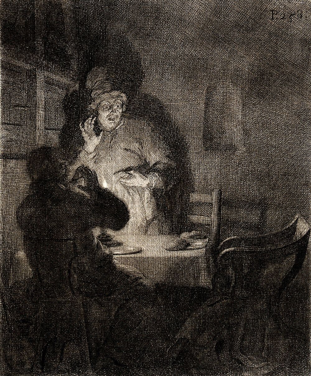 The supper at Emmaus: disciples are amazed as Christ suddenly disappears Etching by A. Houbraken after Rembrandt.