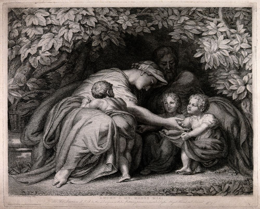 A family group in a leafy bower: the mother leaning forward to tend to two children, another child against her knees.…