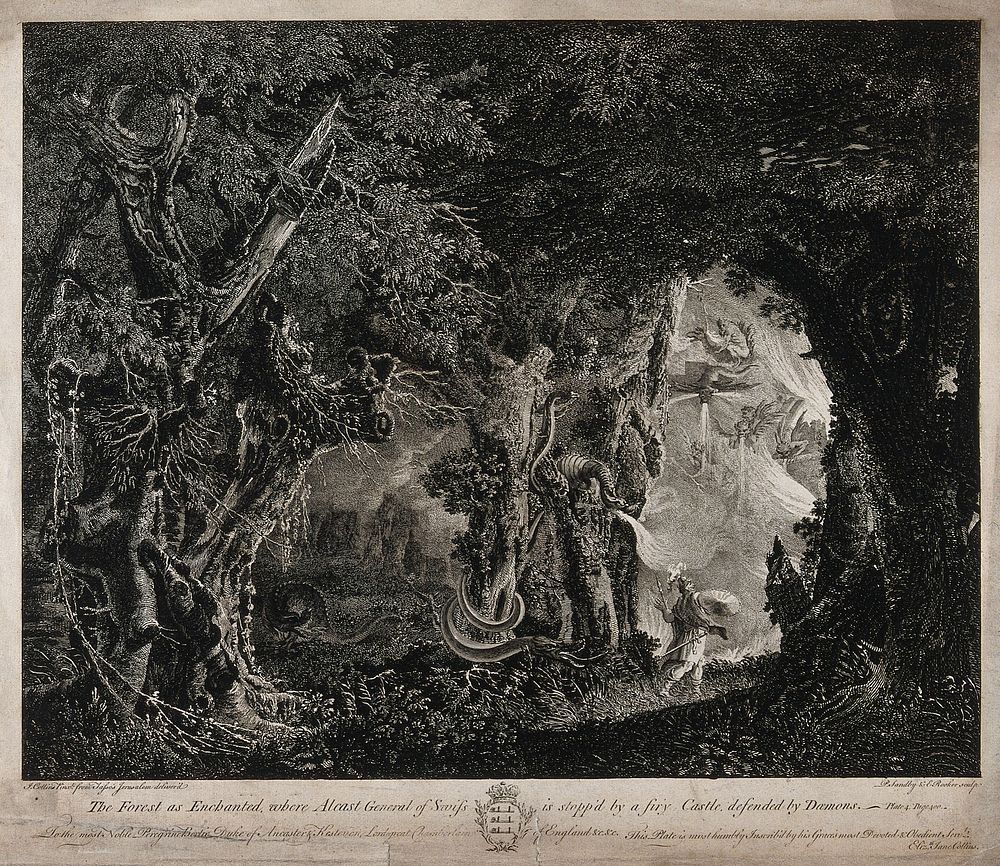 Alcasto in an enchanted forest, facing a castle defended by dragons and demons. Etching by P. Sandby and E. Rooker after J.…