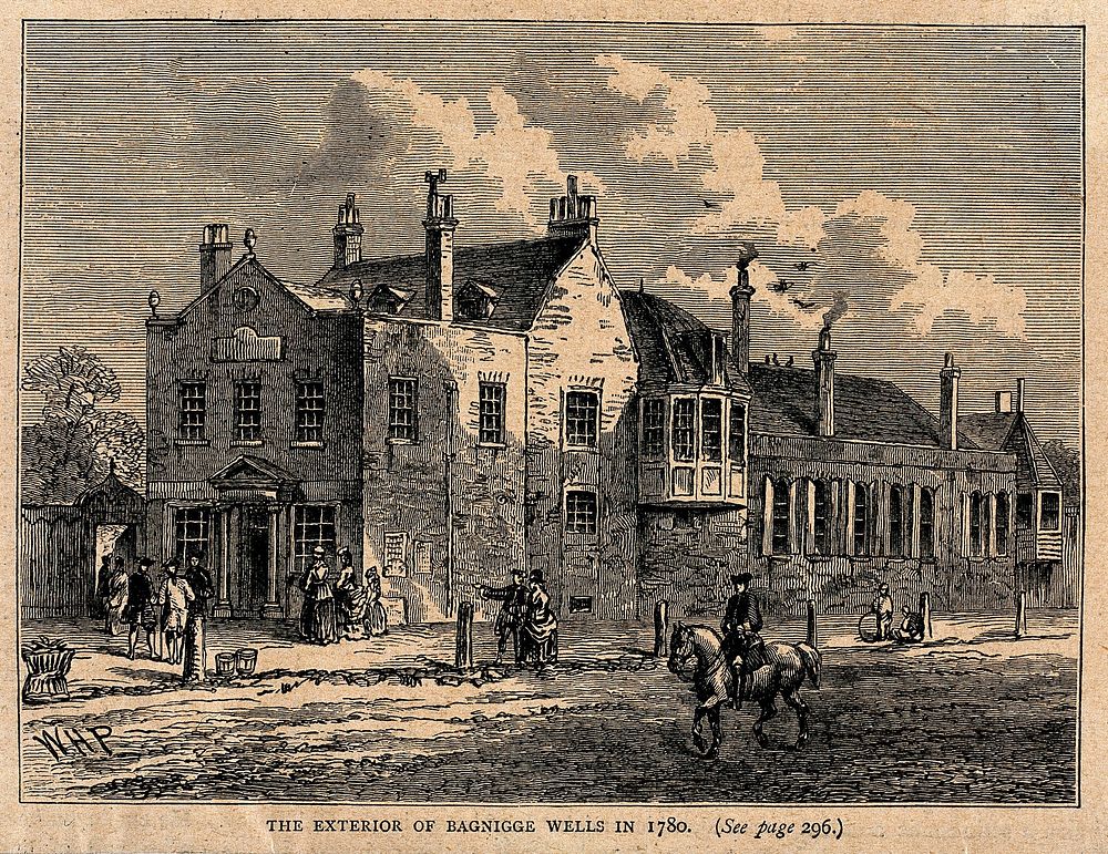 Bagnigge Wells: the exterior, after a print made in 1780. Wood engraving by [W.H.P.].