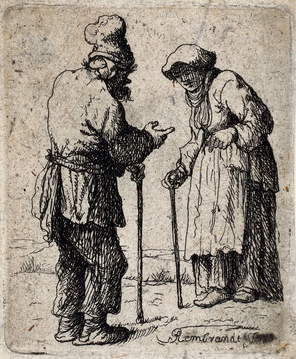 An old man and an old woman conversing while holding on to their walking sticks. Etching in the style of Rembrandt, ca. 1630.