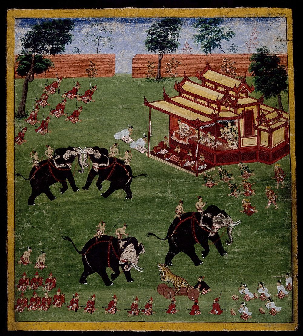 A person of high rank watches an elephant fight along with other spectators. Gouache painting by an Indic artist.