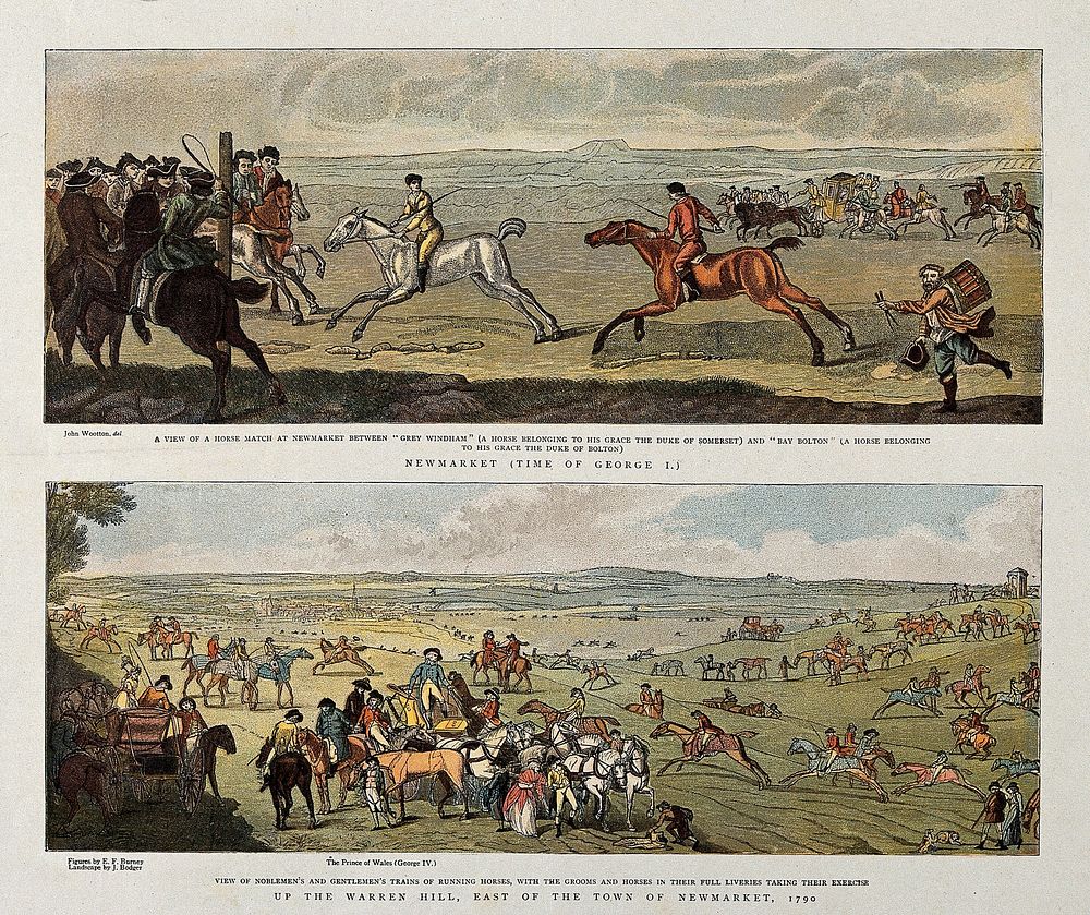 Above, two horses and their riders are approaching the finishing post in a race at Newmarket, eagerly awaited by a crowd;…