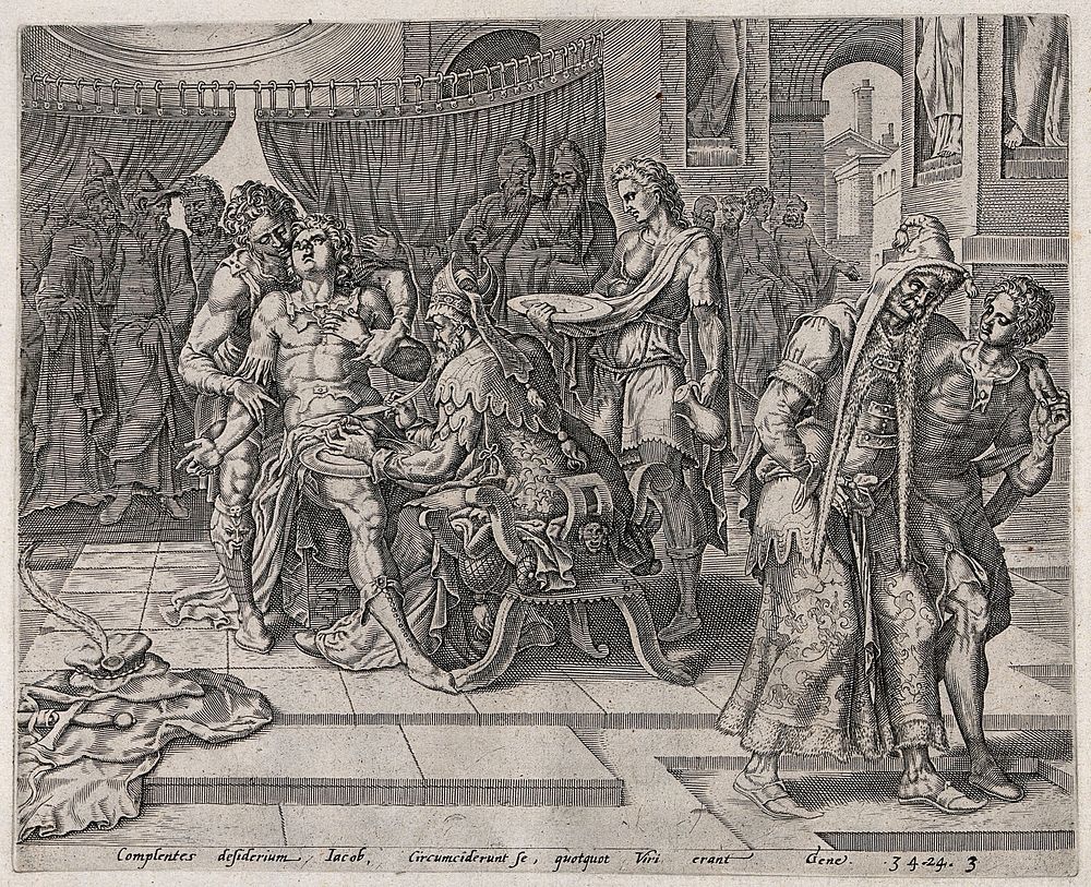 The circumcision of the Shechemites. Engraving by J. Muller .
