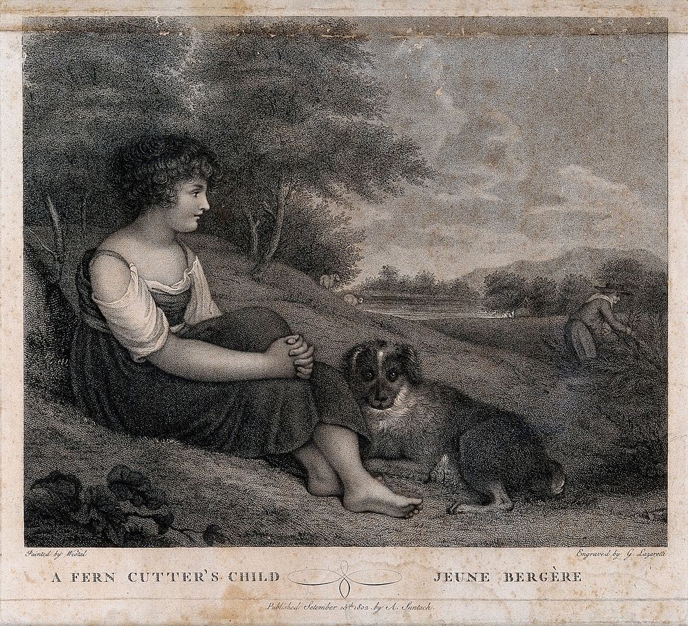 A young child, sitting with a dog, watching her parent, a fern-cutter, at work. Engraving by G. Lazaretti, 1802, after R.…