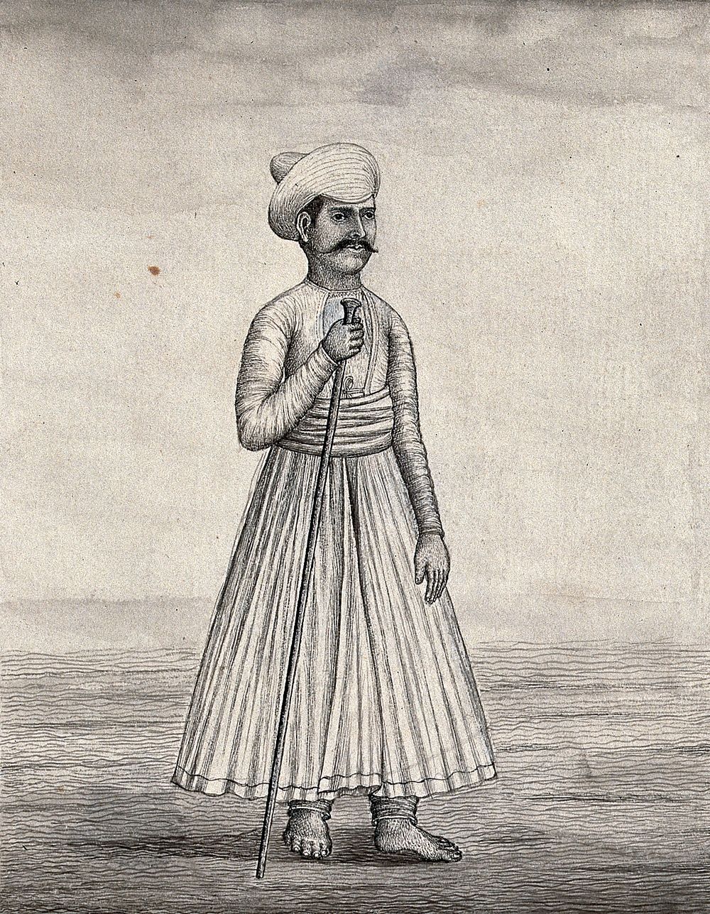 A burdar or servant holding a long stick, a badge of his office. Drawing by an Indian artist.