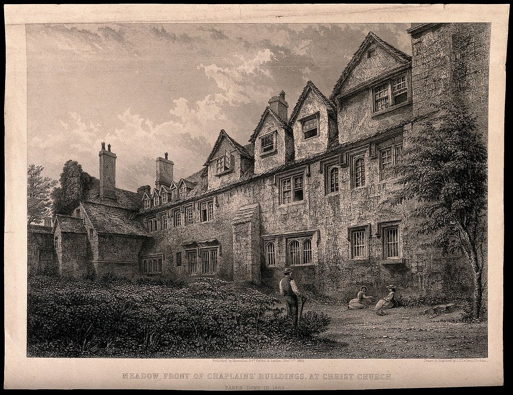 Christ Church, Oxford: chaplains' buildings from the meadow. Line engraving by J.H. Le Keux, 1863, after himself.