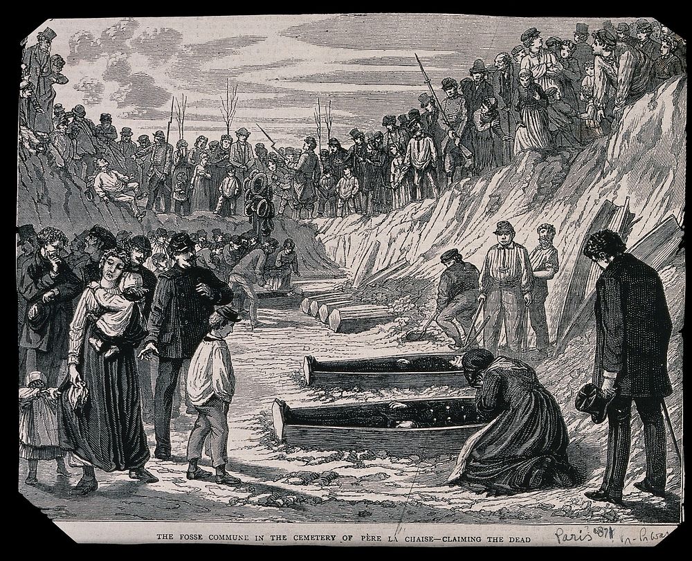 The Fosse Commune in the cemetery of Père La Chaise claiming their dead. Wood engraving.